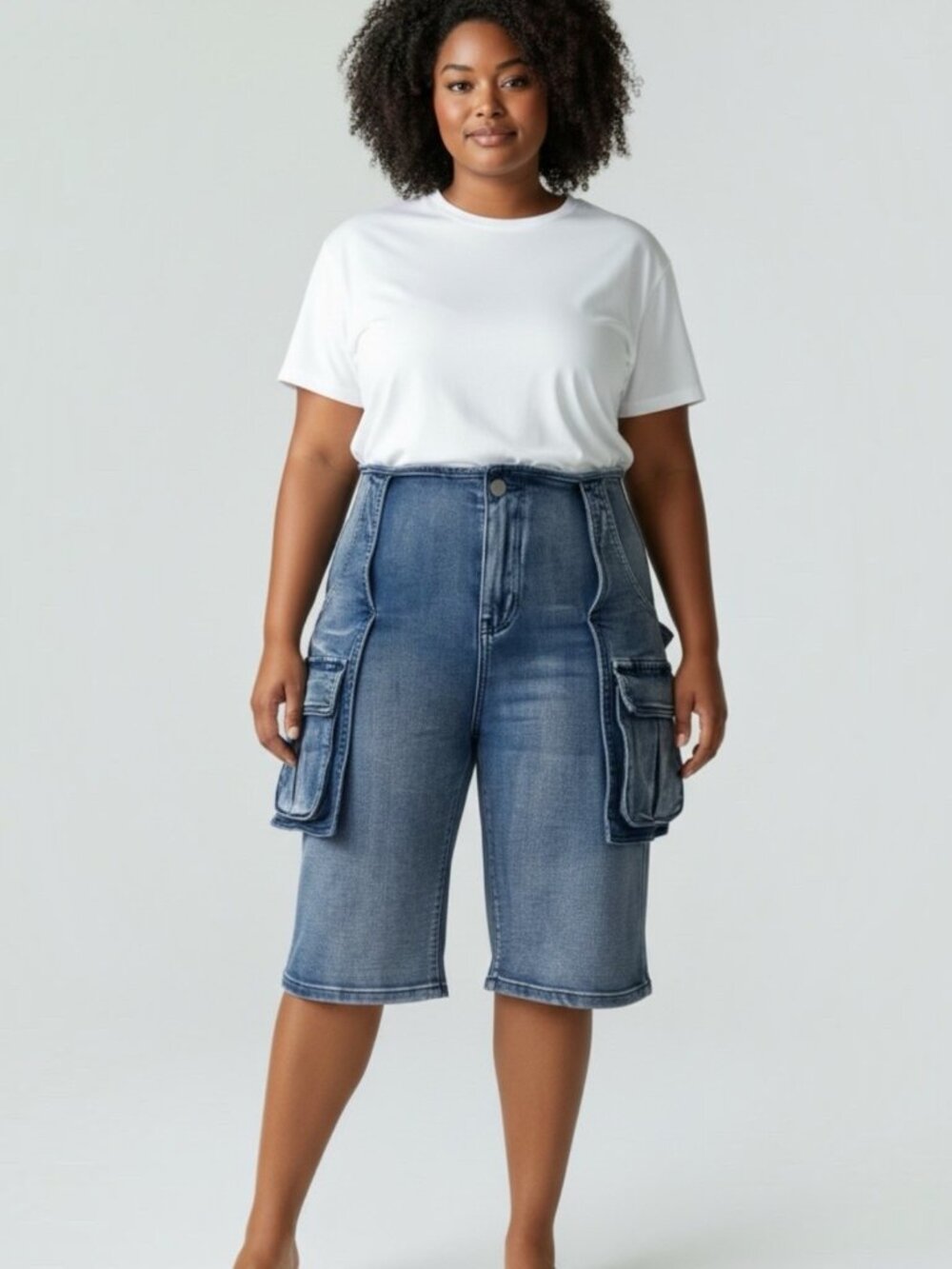 Aria Romance Denim Cargo Shorts Jorts Size L High Waisted Baggy Bermuda Y2K Blue
